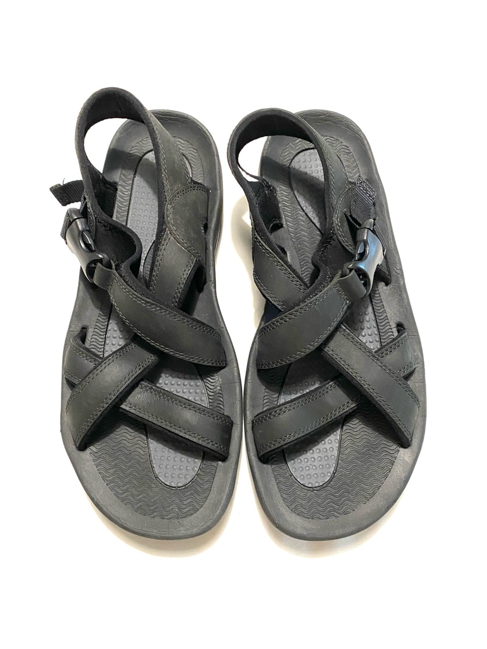 Lands’ End Leather Strap Sandals Men’s 11D Grey Black Comfort Adjustable Buckle